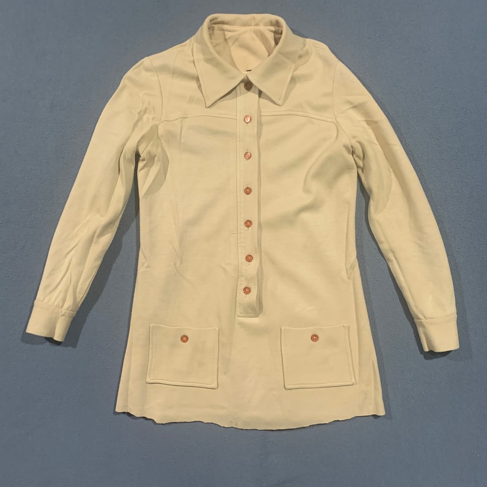 Vintage Carol Brent Mod Knit Tunic Top Cream Amber Buttons 80s Retro Womens M *